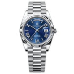 Pagani Design watch with blue dial and silver metal bracelet on a white background