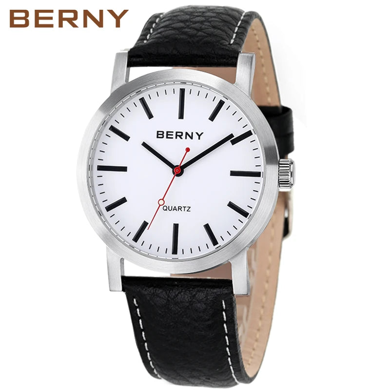 BERNY Men's Quartz Watch – Leather Strap Track Style Waterproof