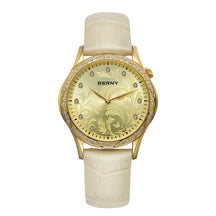 BERNY Women's Quartz Watch – Engraved Dial Diamond Gold Case Leather Strap