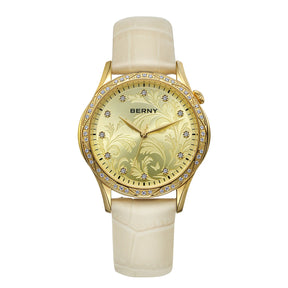 BERNY Women's Quartz Watch – Engraved Dial Diamond Gold Case Leather Strap
