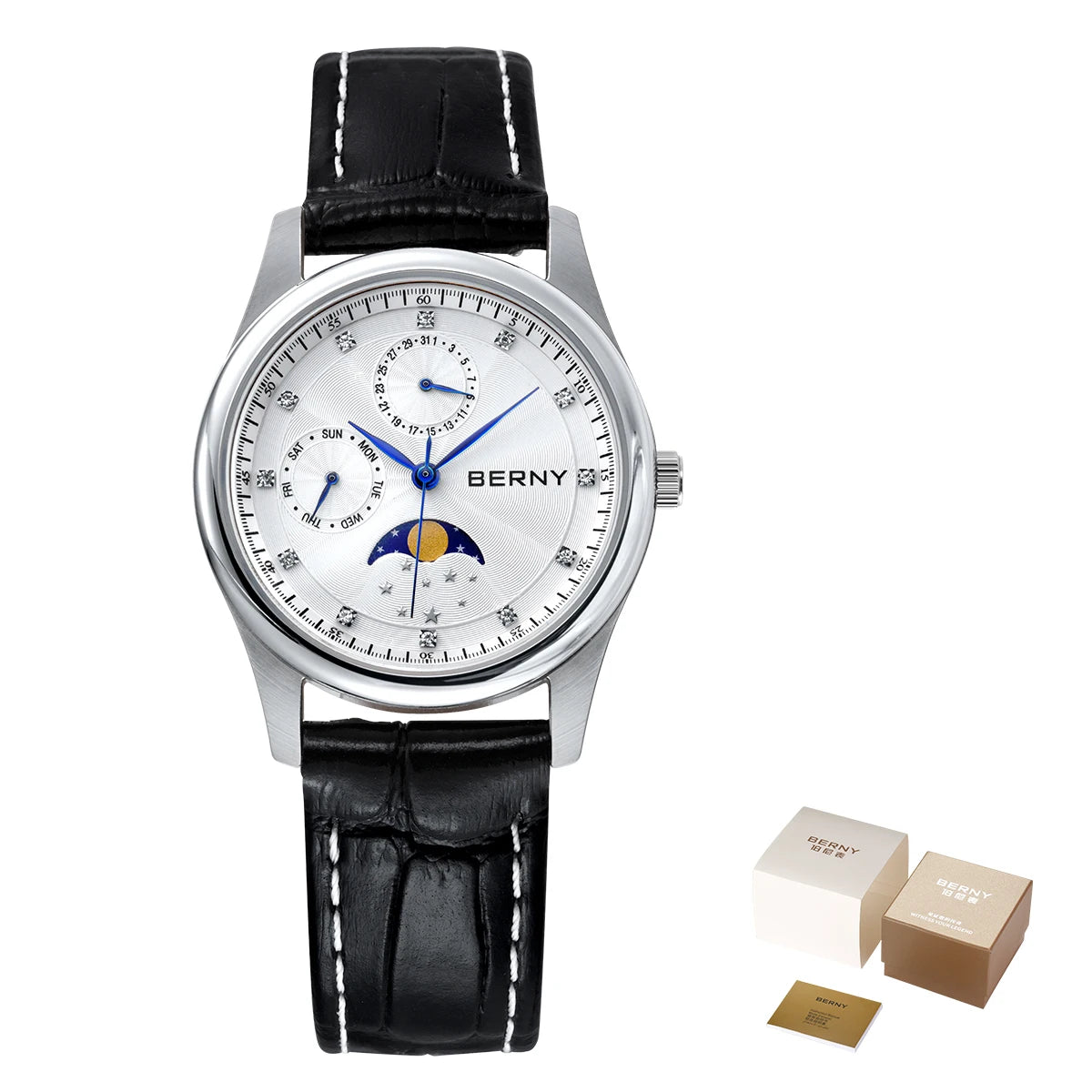 BERNY Women's Quartz Watch – Moon Phase Calendar Leather Strap