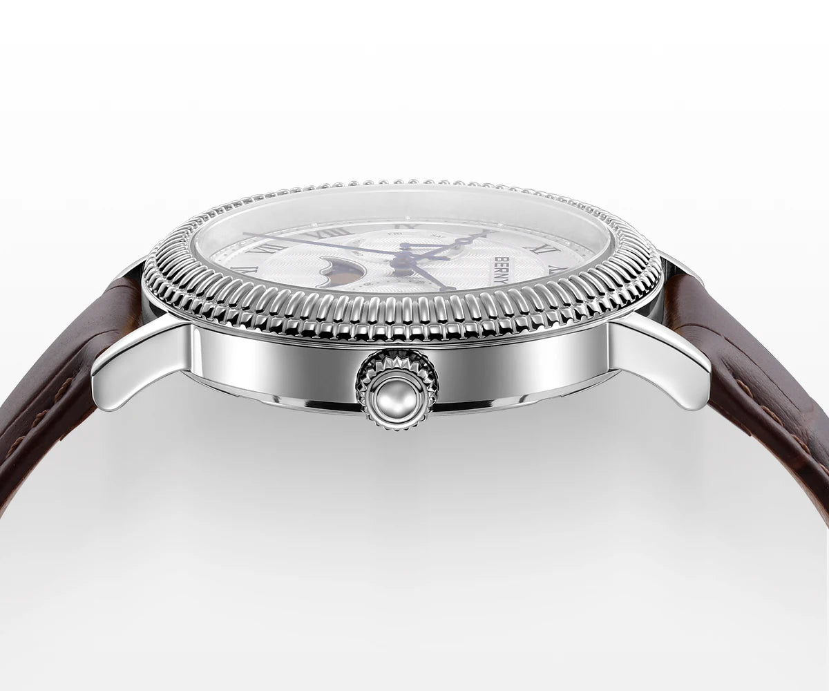 BERNY Men's Moon Phase Quartz Watch 40mm – Calendar Dress Watch Leather Strap