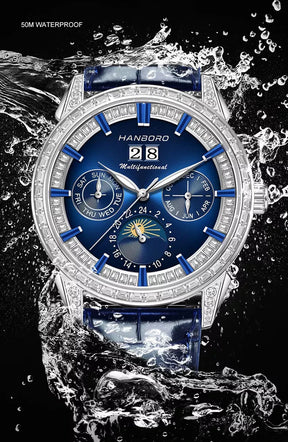 Hanboro 41.5mm Mechanical Watch: Automatic Multi-Dial with Day, Month, Date & Crystal Bezel