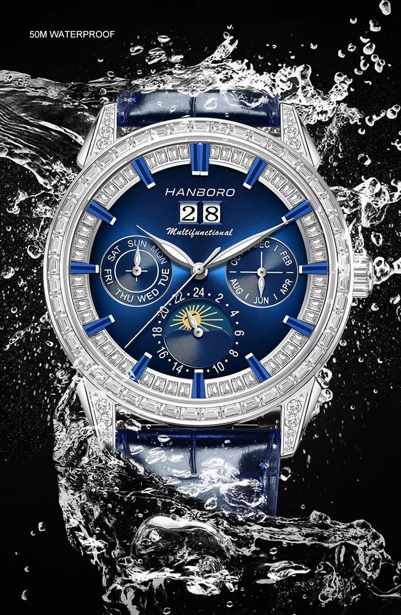 Hanboro 41.5mm Mechanical Watch: Automatic Multi-Dial with Day, Month, Date & Crystal Bezel