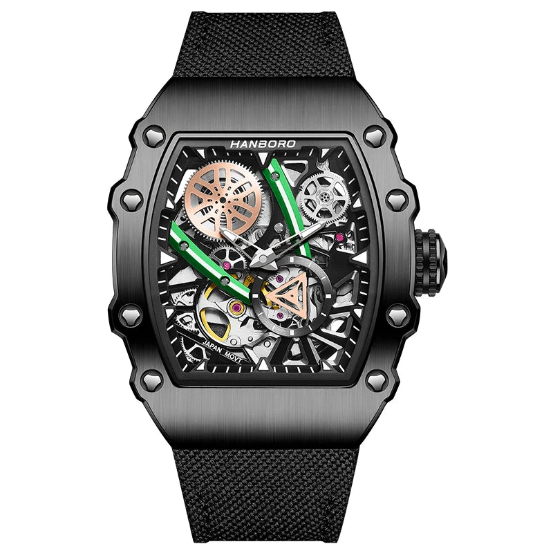 HANBORO Men’s Automatic Watch – 40.5mm Tonneau Skeleton Dial Mechanical Waterproof Wristwatch