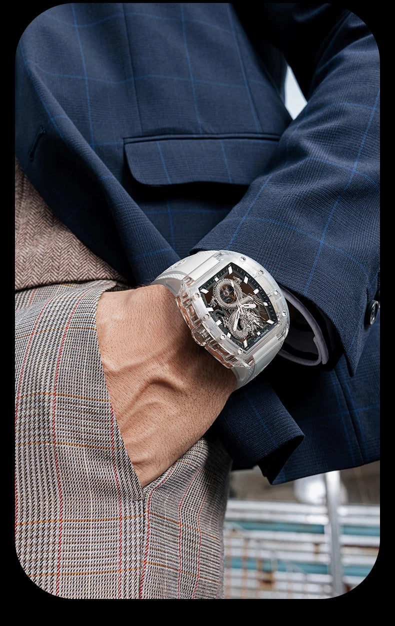 BONEST GATTI Men’s Automatic Skeleton Watch – Dragon Pattern, Crystal Case, Luxury Mechanical