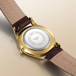BERNY Luxury Men’s Dress Watch Slim Gold Quartz Classic Leather Strap Business Wristwatch