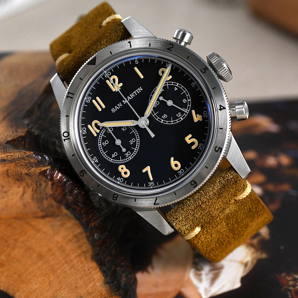 San Martin SN0127 Vintage Pilot Chronograph – VK64, Leather Strap