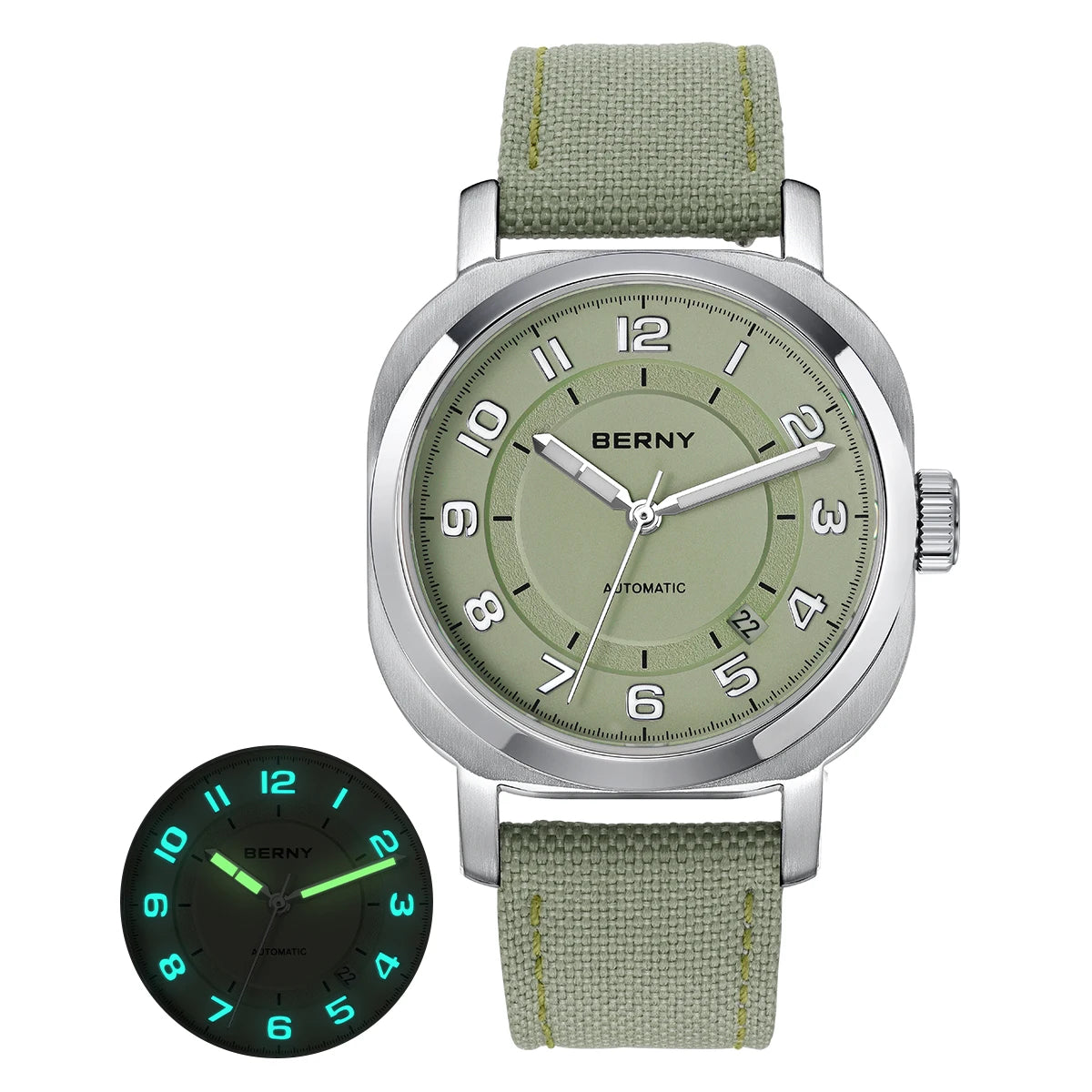 BERNY Women's Automatic Cushion Watch – Sapphire Luminous Canvas Strap Calendar