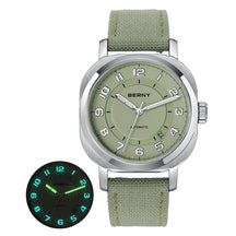 BERNY Women's Automatic Cushion Watch – Sapphire Luminous Canvas Strap Calendar