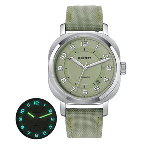 BERNY Women's Automatic Cushion Watch – Sapphire Luminous Canvas Strap Calendar