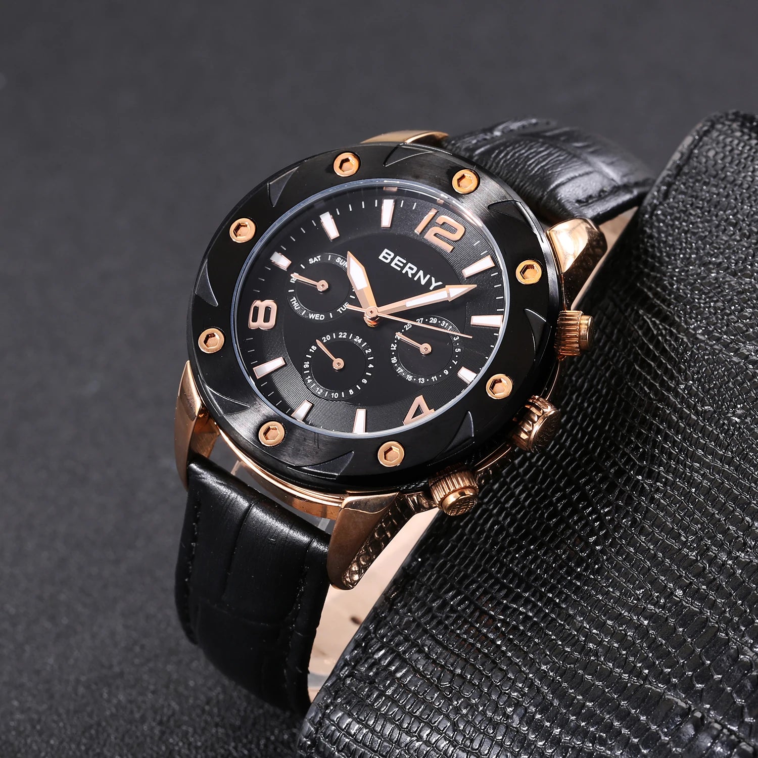 BERNY Men's Quartz Watch – Multifunction Dial Business Leather Strap Luminous Waterproof