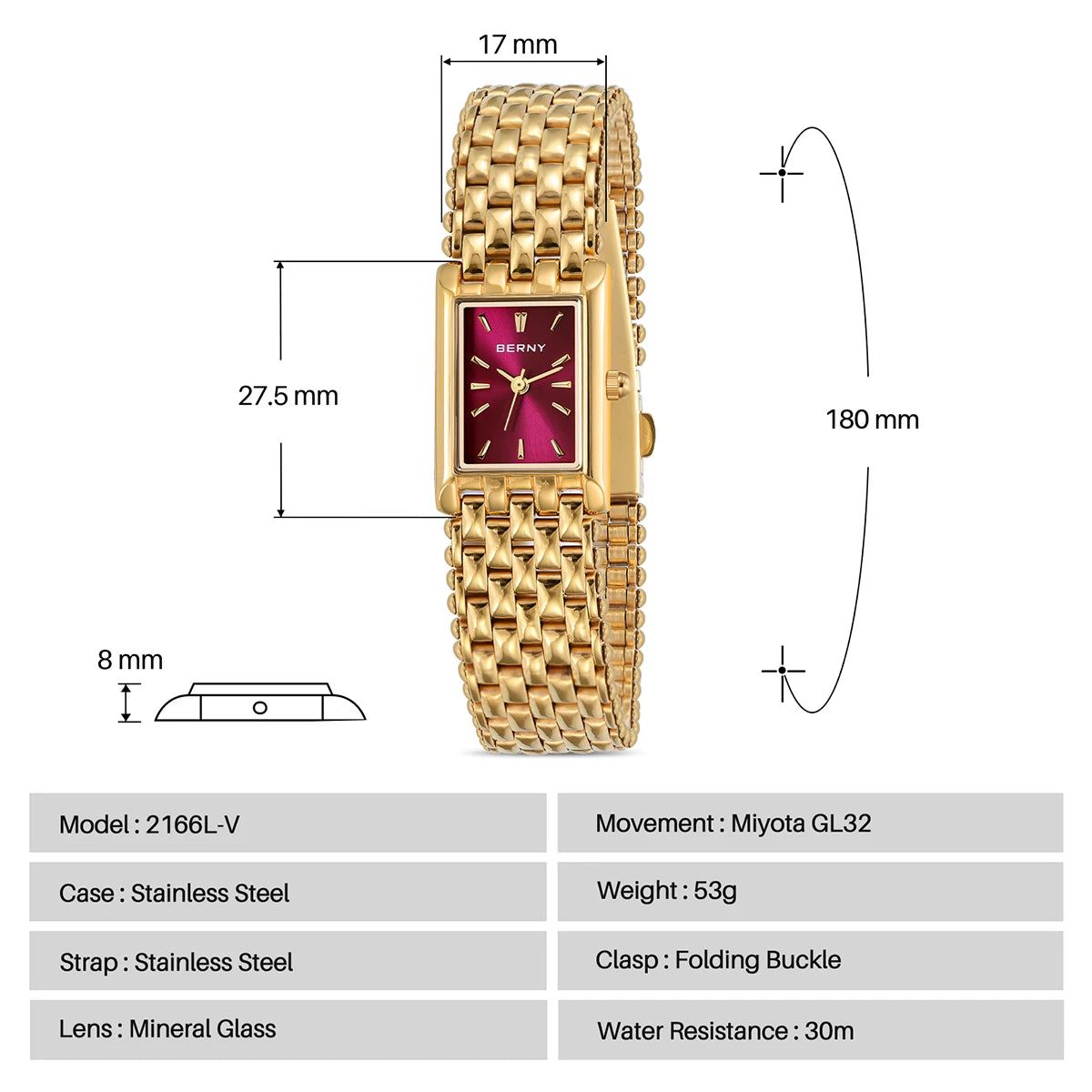 BERNY Women's Gold Watch Stainless Steel Quartz