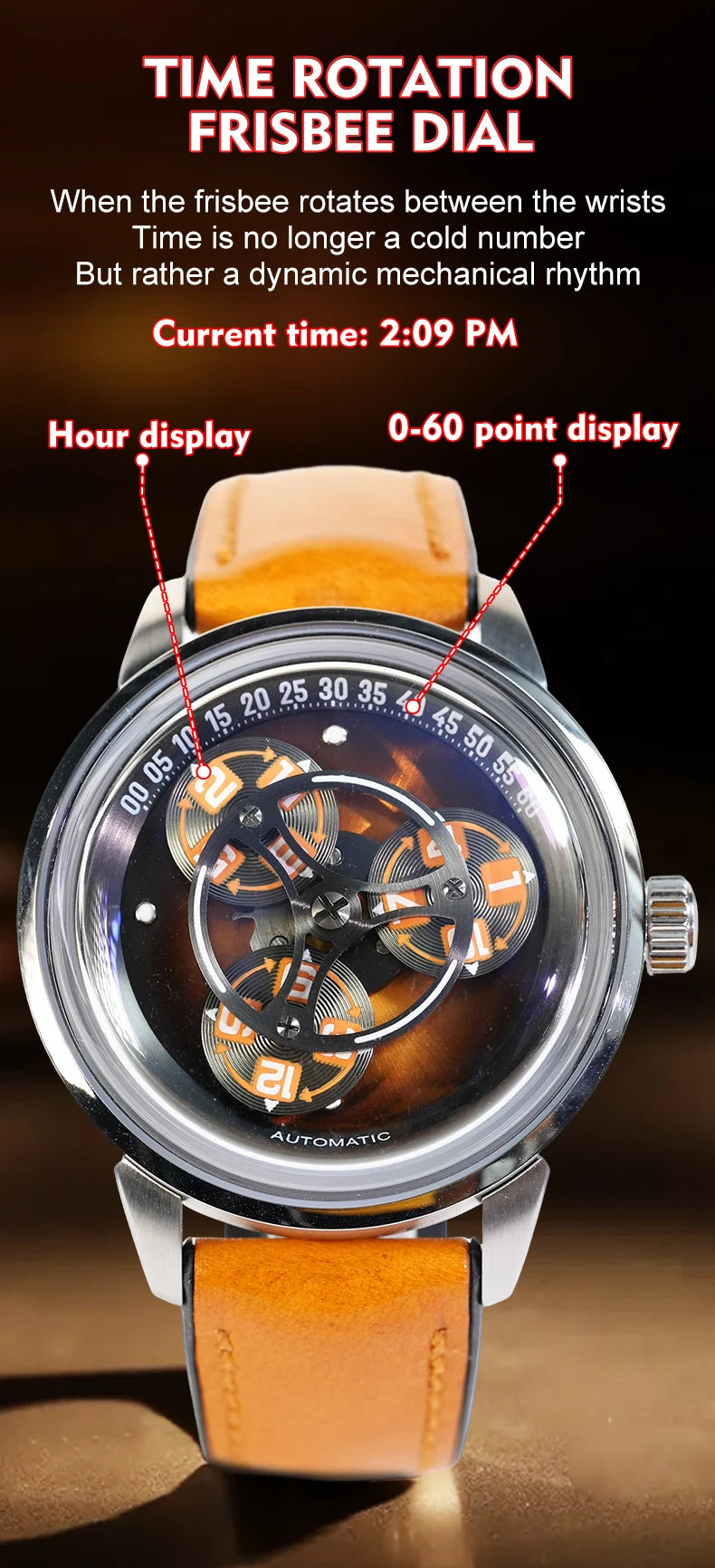 Hanboro Men's Automatic Watch - Rotating "Frisbee" Dial Mechanical Timepiece
