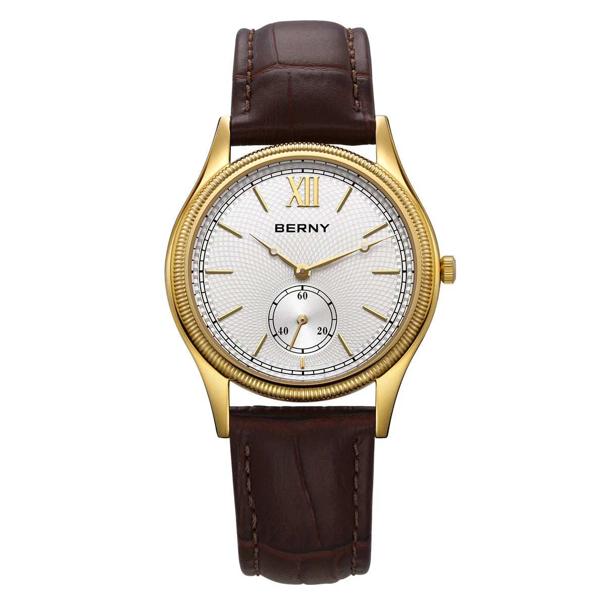 BERNY Luxury Men’s Dress Watch Slim Gold Quartz Classic Leather Strap Business Wristwatch