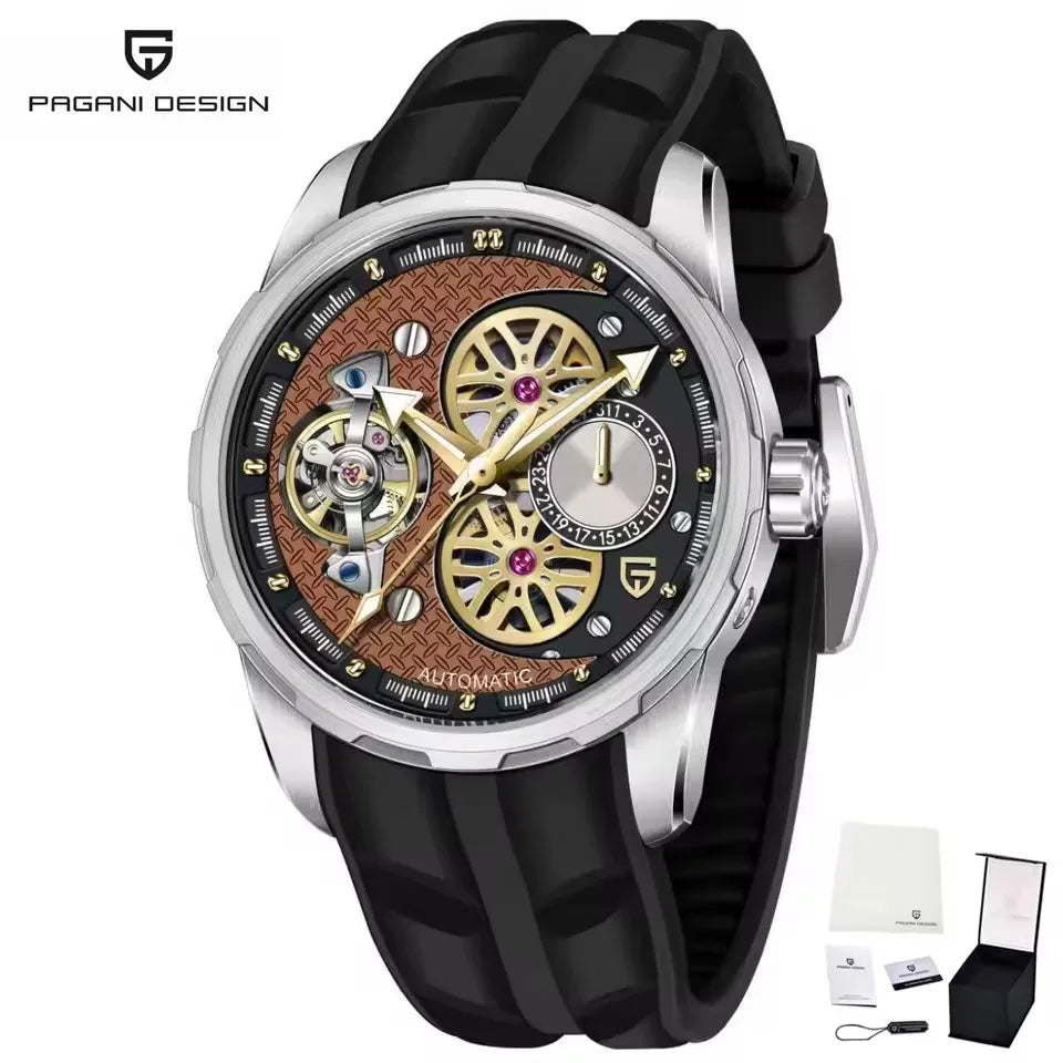 PAGANI DESIGN Men’s Automatic Skeleton Watch – Sapphire Crystal, 100m Water Resistant, Tourbillon Style