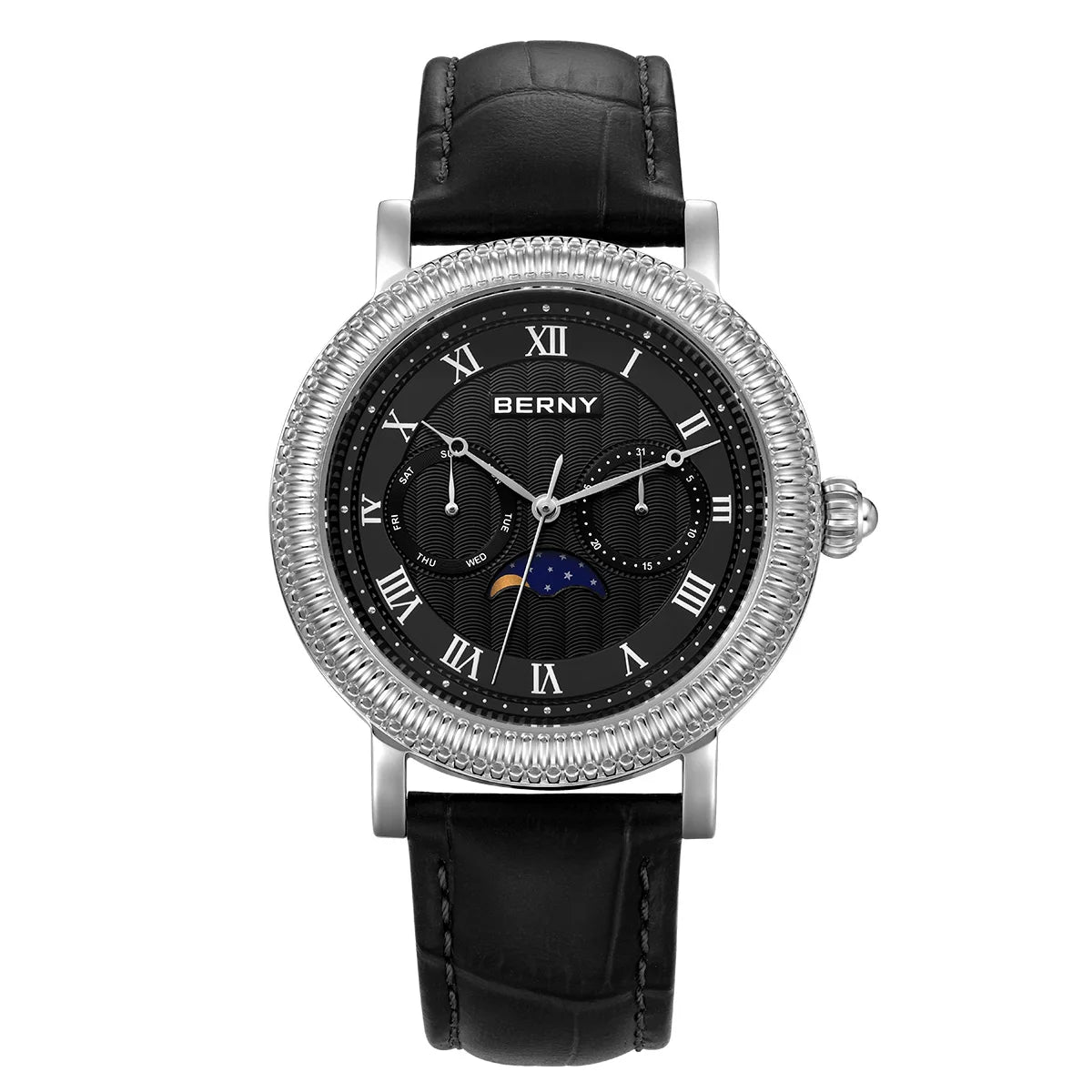 BERNY Men's Moon Phase Quartz Watch 40mm – Calendar Dress Watch Leather Strap
