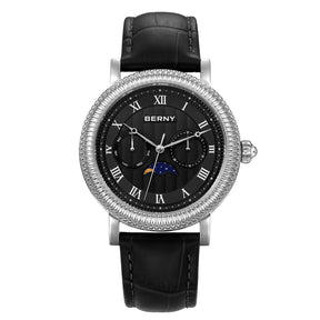 BERNY Men's Moon Phase Quartz Watch 40mm – Calendar Dress Watch Leather Strap