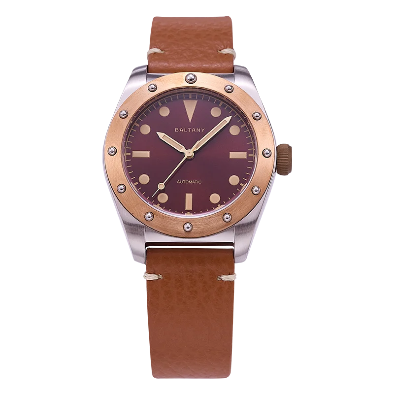 Baltany Men’s Bronze Automatic Watch 40mm – Vintage Style, 200m Water Resistant, Luminous, Leather Strap