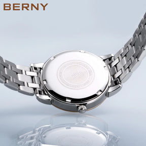 BERNY Women’s Quartz Watch – Roman Numerals, Day & Date, Sapphire Glass, Stainless Steel Strap
