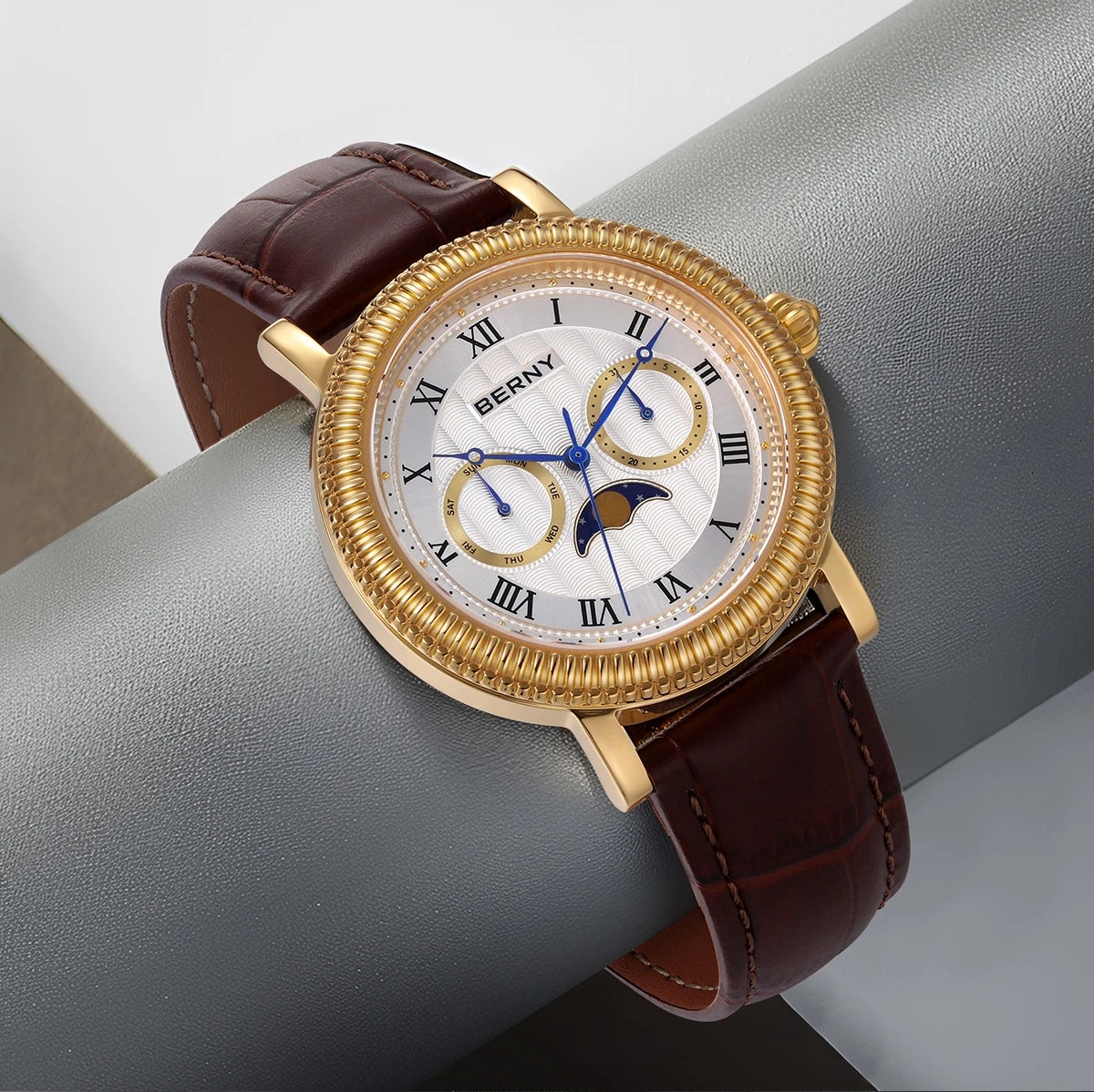 BERNY Men's Moon Phase Quartz Watch 40mm – Calendar Dress Watch Leather Strap