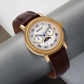 BERNY Men's Moon Phase Quartz Watch 40mm – Calendar Dress Watch Leather Strap