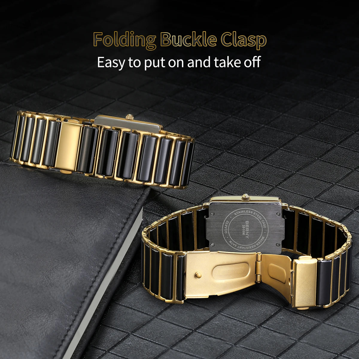BERNY XV12 Men's Quartz Watch – Ceramic Rectangle Black Gold Diamond Waterproof
