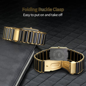BERNY XV12 Men's Quartz Watch – Ceramic Rectangle Black Gold Diamond Waterproof