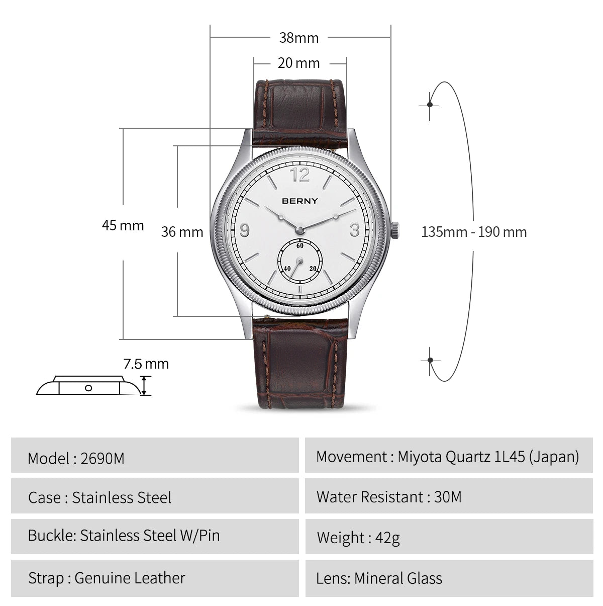 BERNY Men's Quartz Dress Watch 38mm – Slim Elegant Leather Strap Easy Read