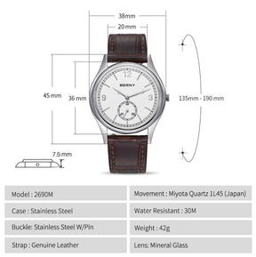 BERNY Men's Quartz Dress Watch 38mm – Slim Elegant Leather Strap Easy Read