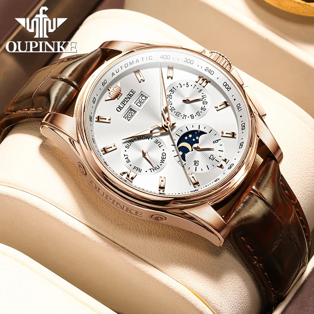OUPINKE 3189 Men's Automatic Watch – Moon Phase Leather Strap Waterproof