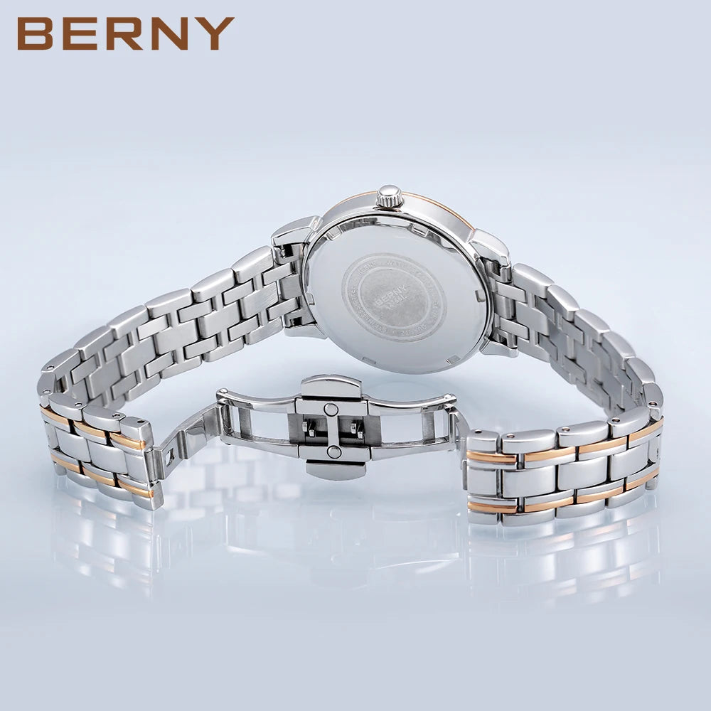 BERNY Women’s Quartz Watch – Roman Numerals, Day & Date, Sapphire Glass, Stainless Steel Strap