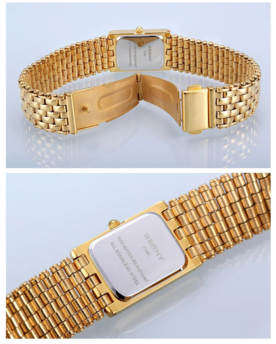 BERNY Women’s Gold Rectangular Watch – Luxury Quartz, Stainless Steel