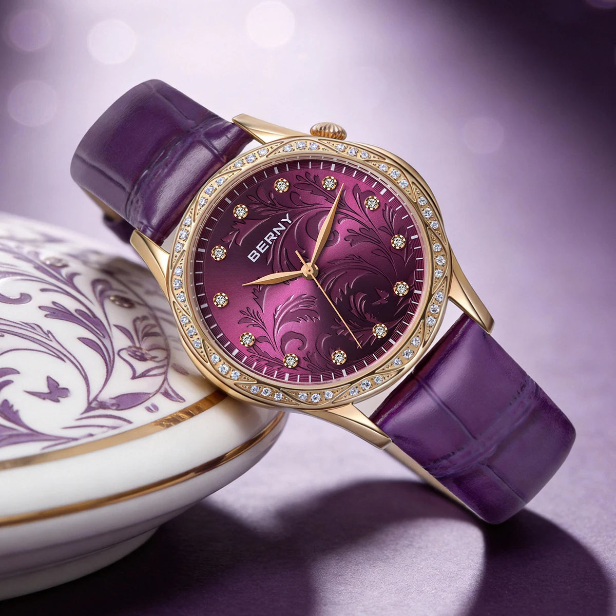 BERNY Women's Quartz Watch – Engraved Dial Diamond Gold Case Leather Strap