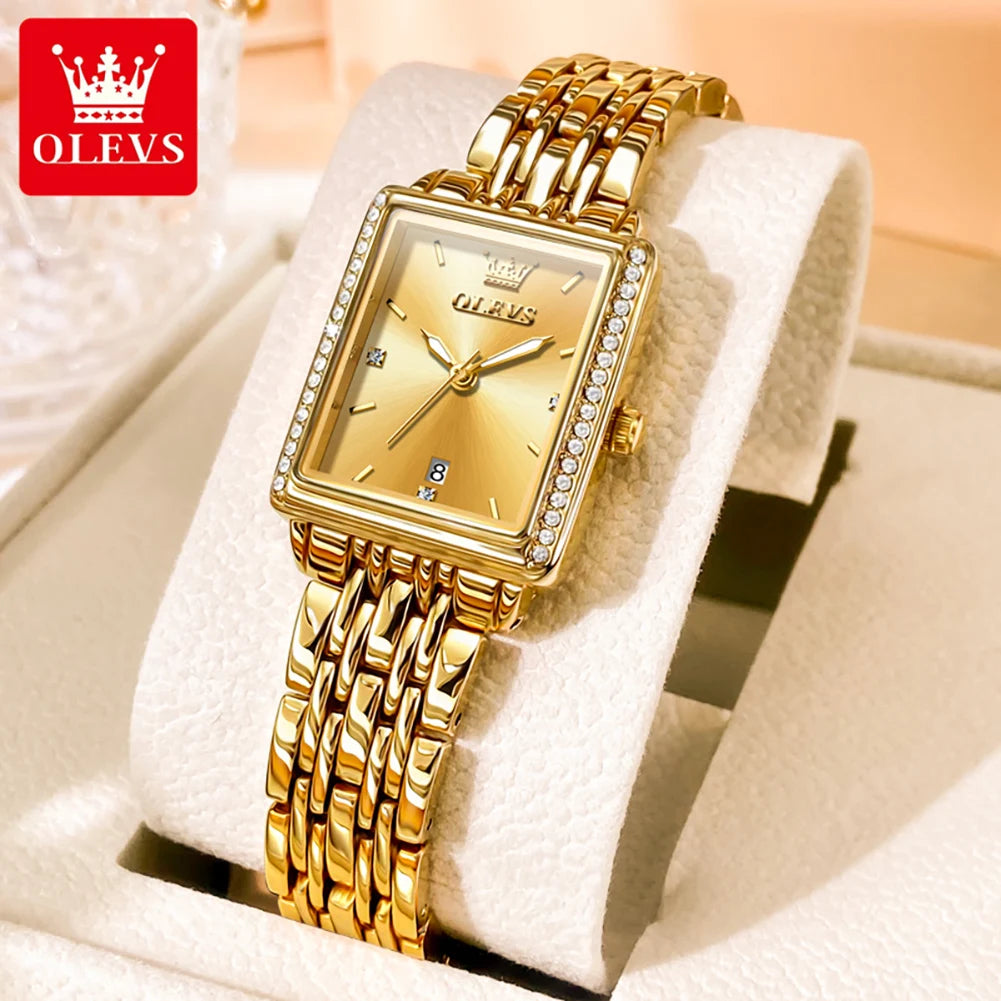 OLEVS Women’s Luxury Diamond Quartz Watch – Elegant Gold Stainless Steel Waterproof Wristwatch