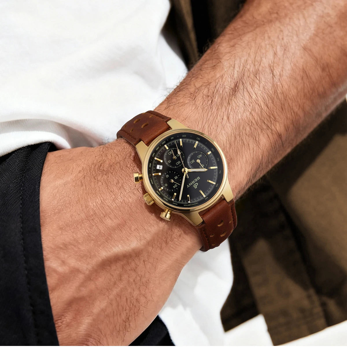 BERNY Men’s Chronograph Watch – Luxury Quartz, Sapphire, Waterproof