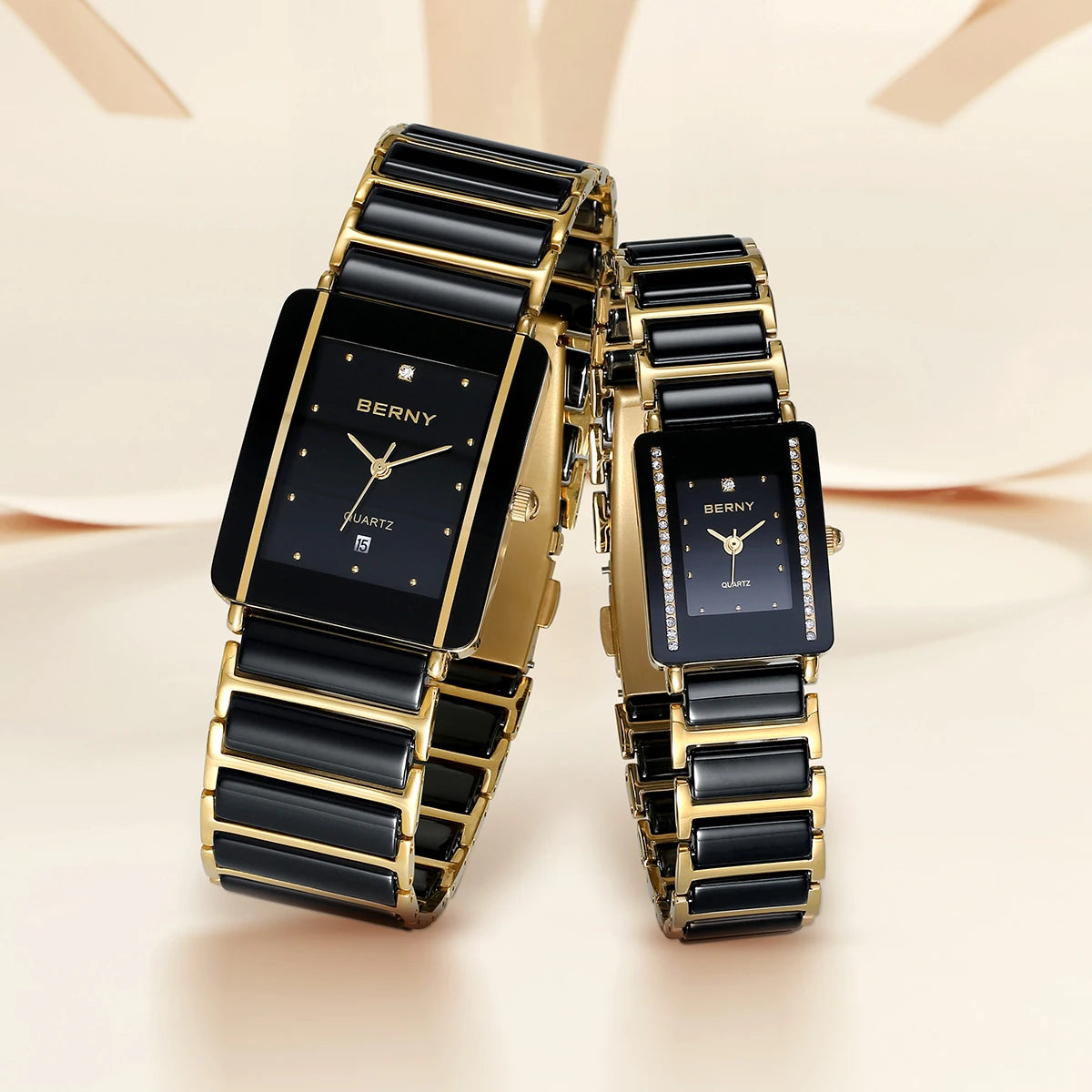 BERNY Ceramic Quartz Watch – Luxury Rectangle Gold Couple Wristwatch with Diamond Bracelet Design