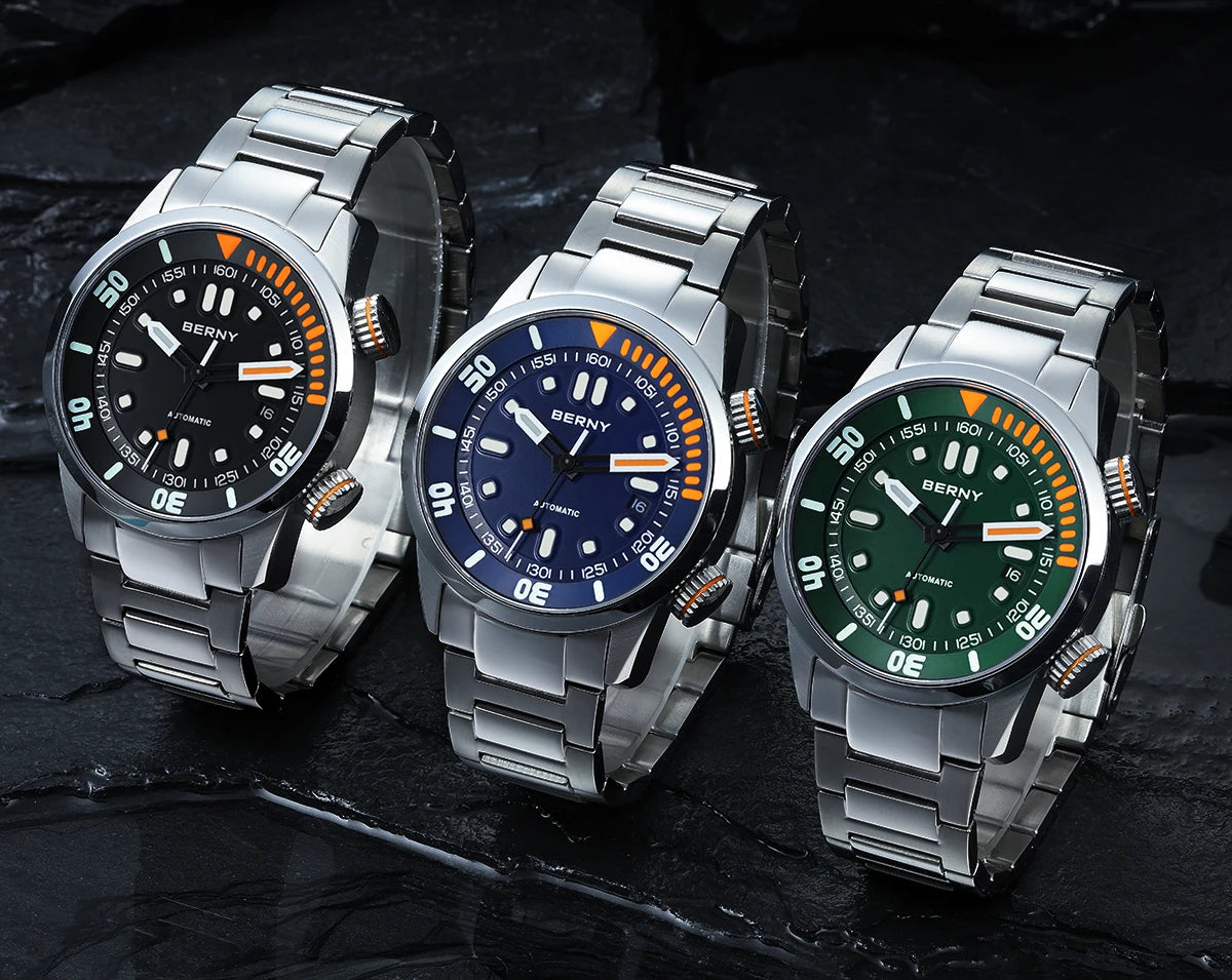 BERNY Automatic Dive Watch – 20ATM Waterproof Mechanical Watch with Sapphire Crystal & Super Luminous Dial