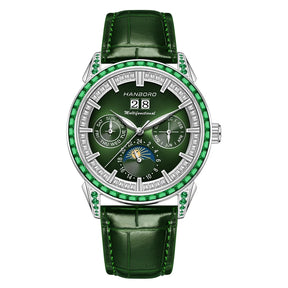 Hanboro 41.5mm Mechanical Watch: Automatic Multi-Dial with Day, Month, Date & Crystal Bezel