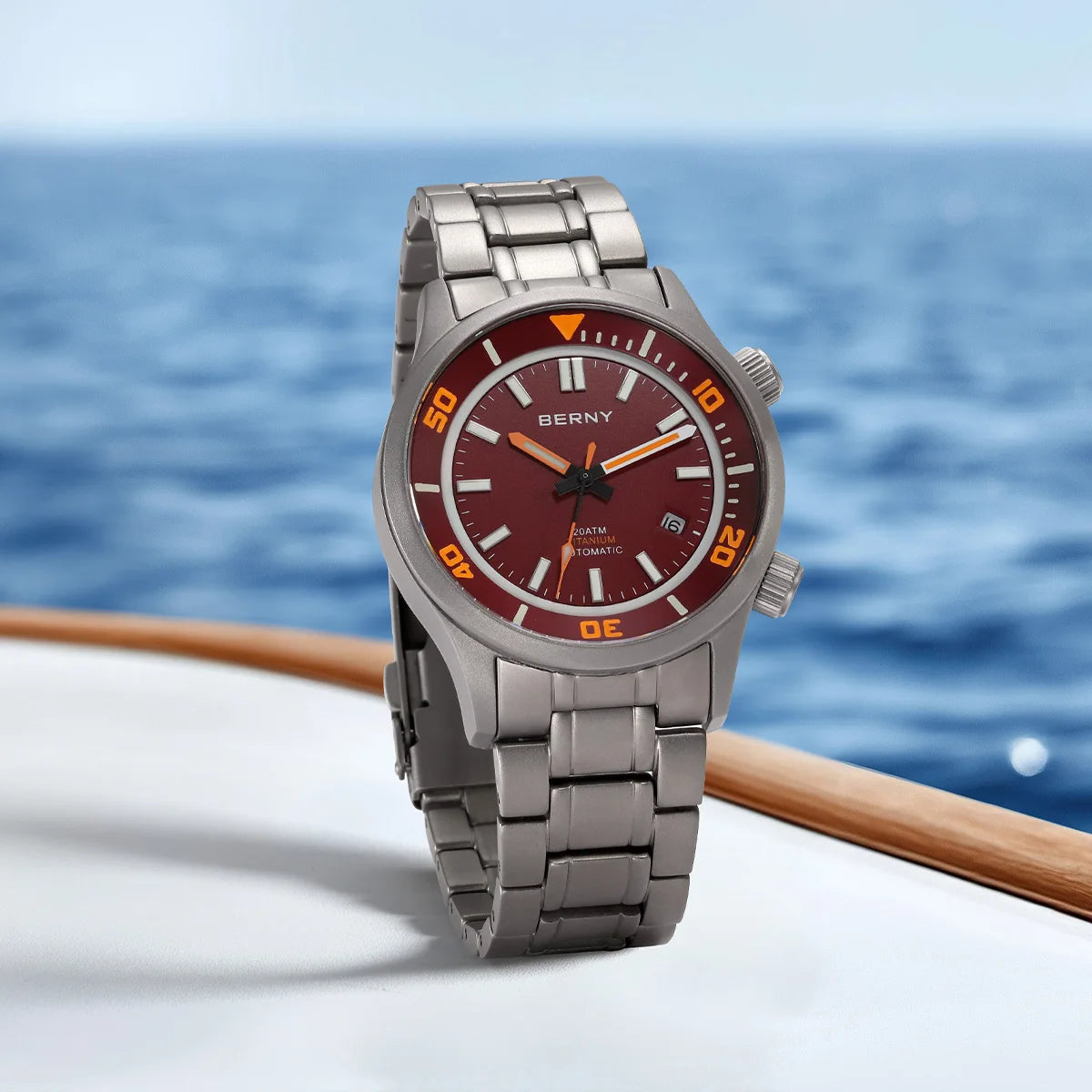BERNY Men's Titanium Automatic Diver Watch – 20ATM, Sapphire, Miyota 8215