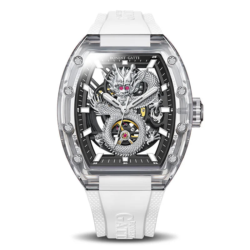 BONEST GATTI Men’s Automatic Skeleton Watch – Dragon Pattern, Crystal Case, Luxury Mechanical