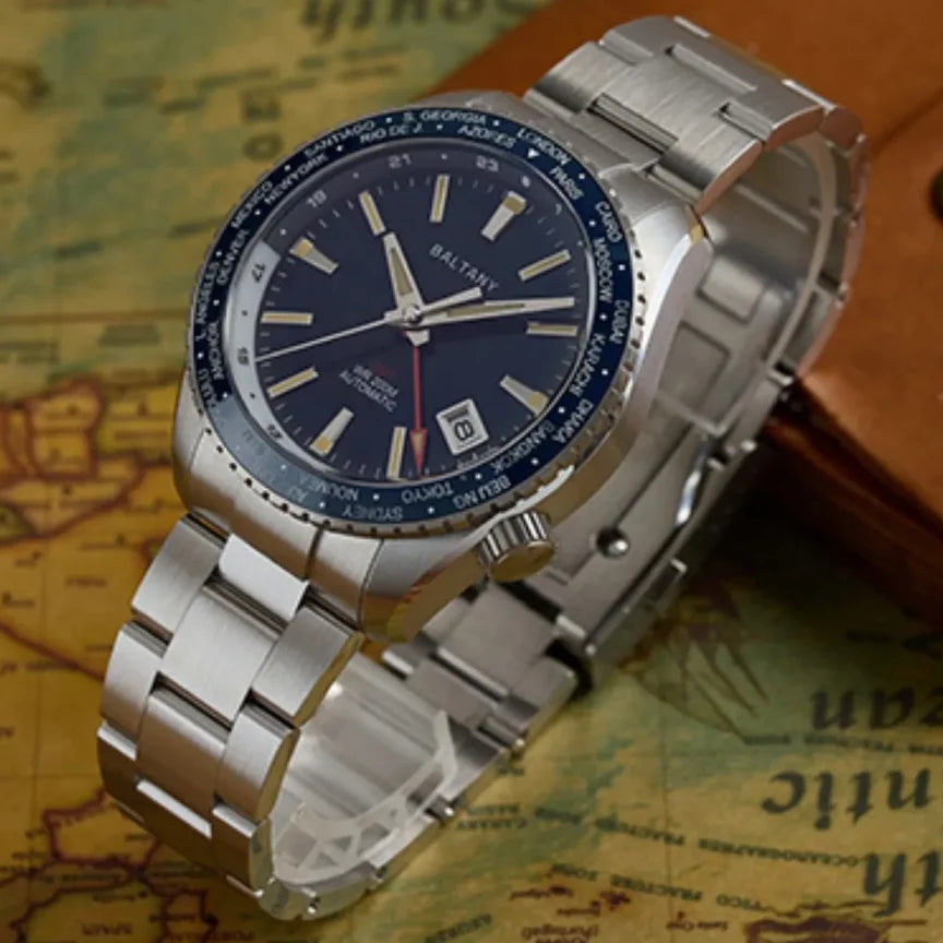 Baltany Men’s GMT Automatic Watch 40mm – NH34, Sapphire Crystal, 200m Dive, Luminous, World Time Bezel