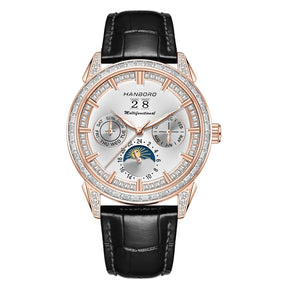 Hanboro 41.5mm Mechanical Watch: Automatic Multi-Dial with Day, Month, Date & Crystal Bezel