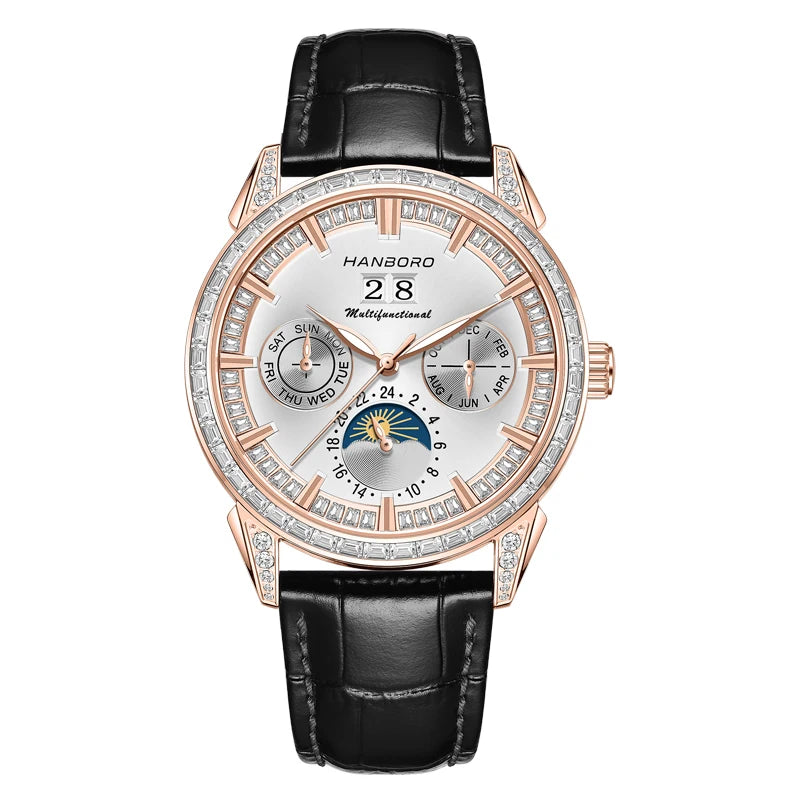 Hanboro 41.5mm Mechanical Watch: Automatic Multi-Dial with Day, Month, Date & Crystal Bezel