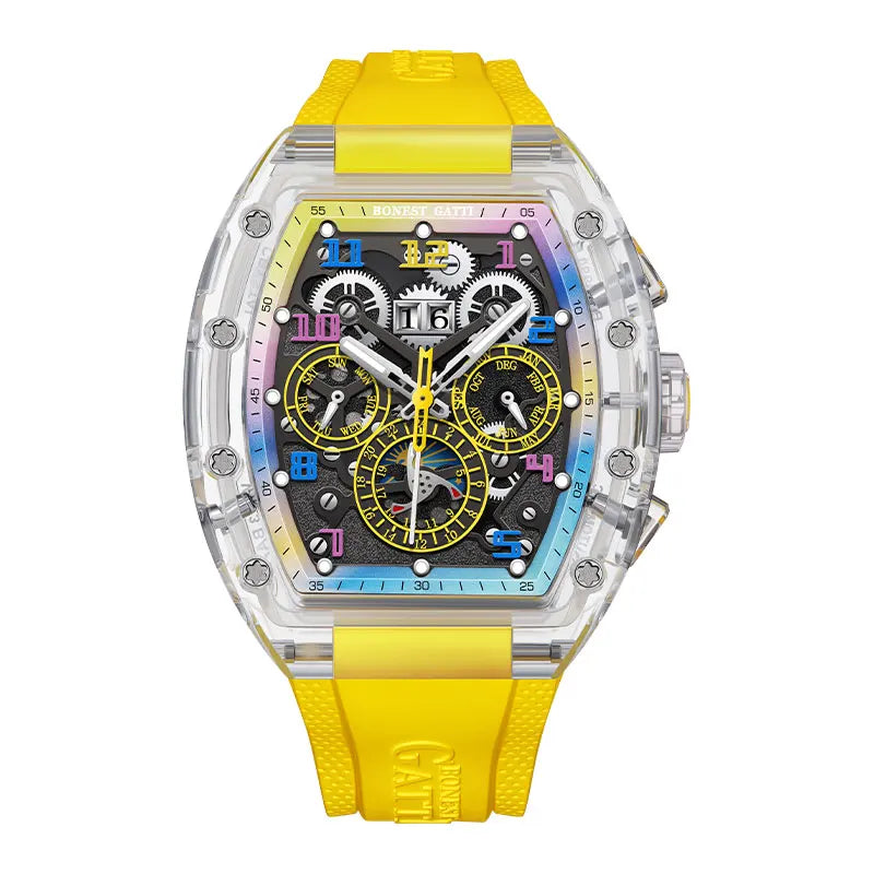 BONEST GATTI Men’s Automatic Tonneau Watch – Mechanical, Crystal Case, Rubber Strap, Multi Dial, Month/Date Display