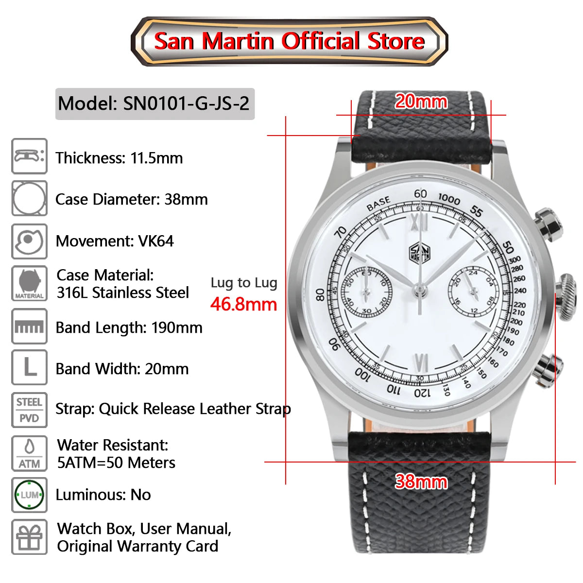 San Martin Men's Chronograph Quartz Watch – 38mm VK64, Sapphire Glass SN0101