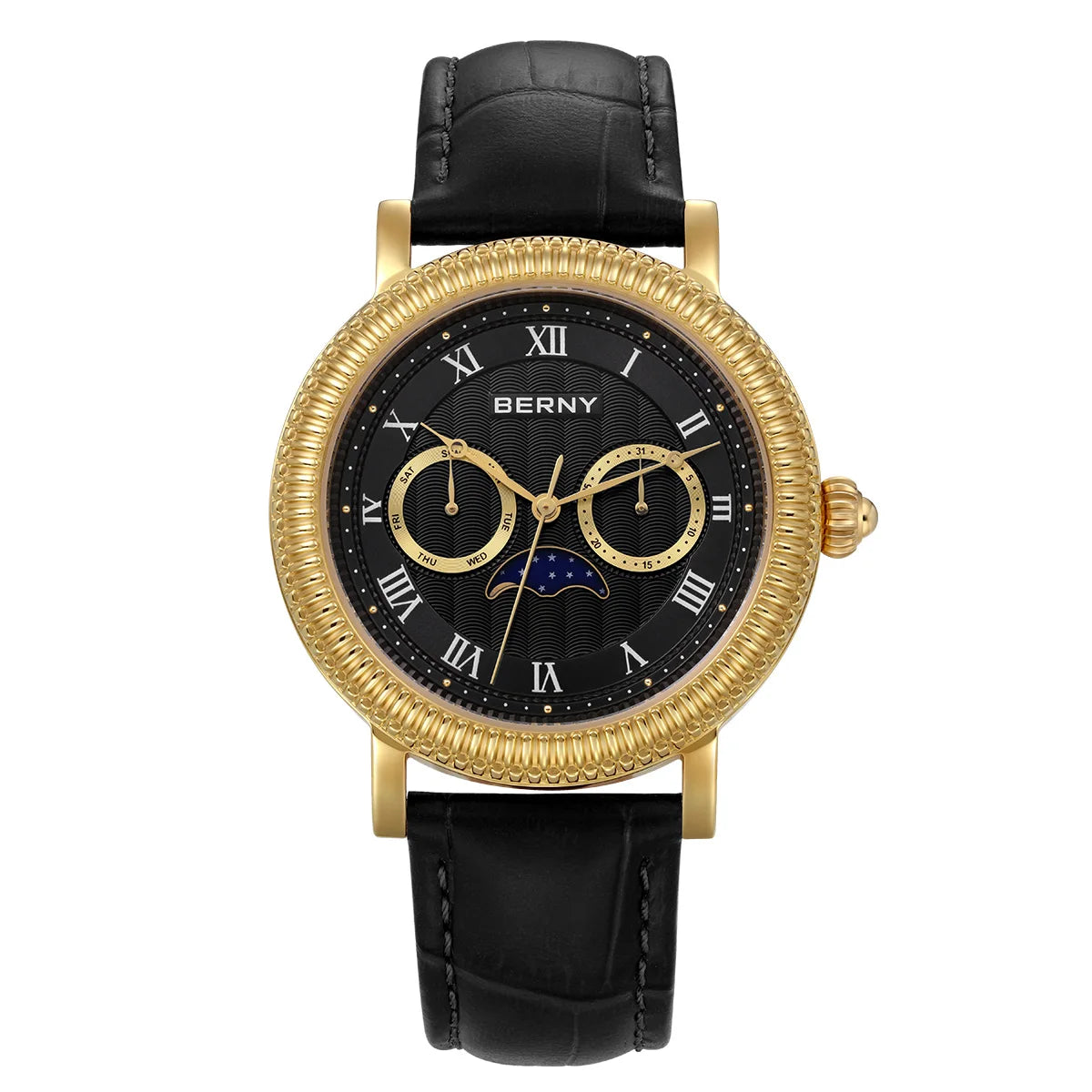 BERNY Men's Moon Phase Quartz Watch 40mm – Calendar Dress Watch Leather Strap