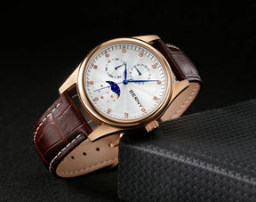 BERNY Men's Moon Phase Quartz Watch – Stainless Steel & Leather Dress Watch with Date & Week Display