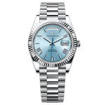 Silver watch with blue face and detailed mechanism on a white background