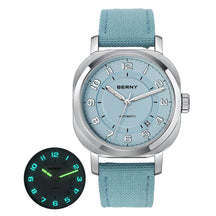 BERNY Women's Automatic Cushion Watch – Sapphire Luminous Canvas Strap Calendar